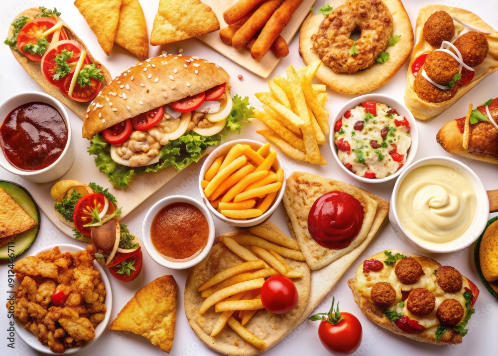 Variety of savory fast food items on white background, including shawarma, wings, sandwiches, nuggets, pizza, burgers, strips, nachos, and fries. Variety of savory fast food items on white background, including shawarma, wings, sandwiches, nuggets, pizza, burgers, strips, nachos, and fries.