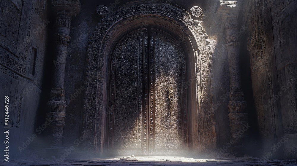 Ancient Mystical Door Covered in Intricate Carvings Hidden in a Shadowy Stone Structure with Ethereal Light Ancient Mystical Door Covered in Intricate Carvings Hidden in a Shadowy Stone Structure with Ethereal Light