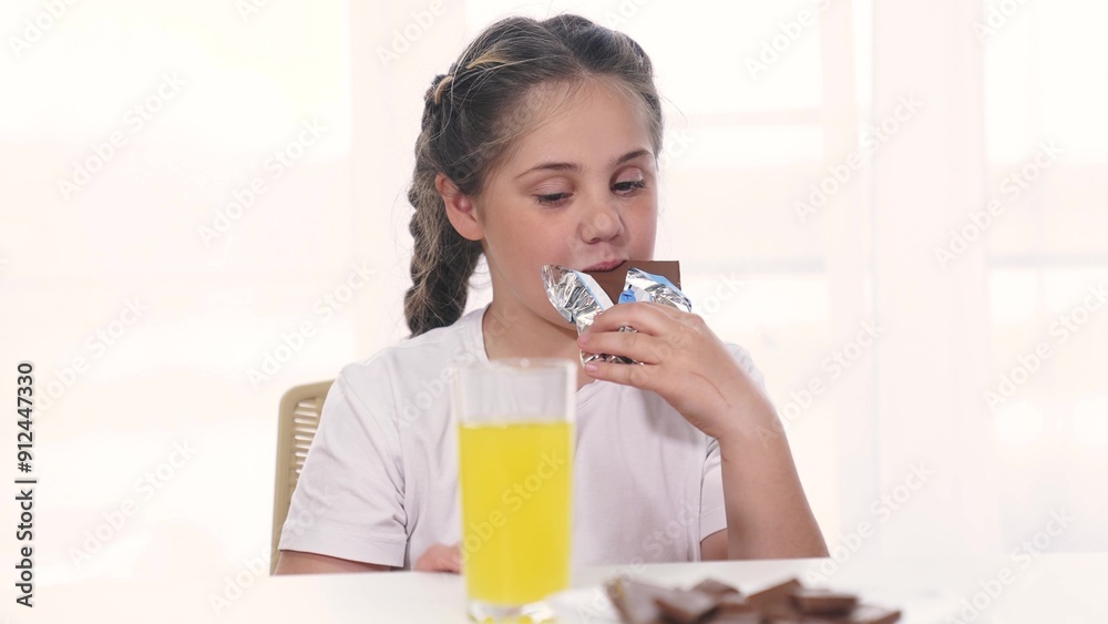 child eating chocolate. unhealthy a food for children sweets concept. grimy girl eating a chocolate bar in the kitchen indoors. kid girl daughter eats chocolate against the background lifestyle child eating chocolate. unhealthy a food for children sweets concept. grimy girl eating a chocolate bar in the kitchen indoors. kid girl daughter eats chocolate against the background lifestyle