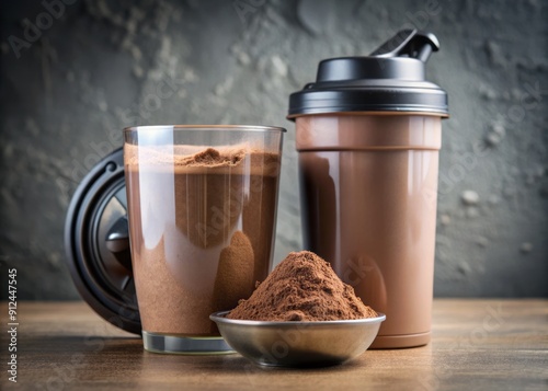 Measuring cup filled with rich brown chocolate protein powder next to a blender bottle for a post-workout athletic nutrition supplement. photo