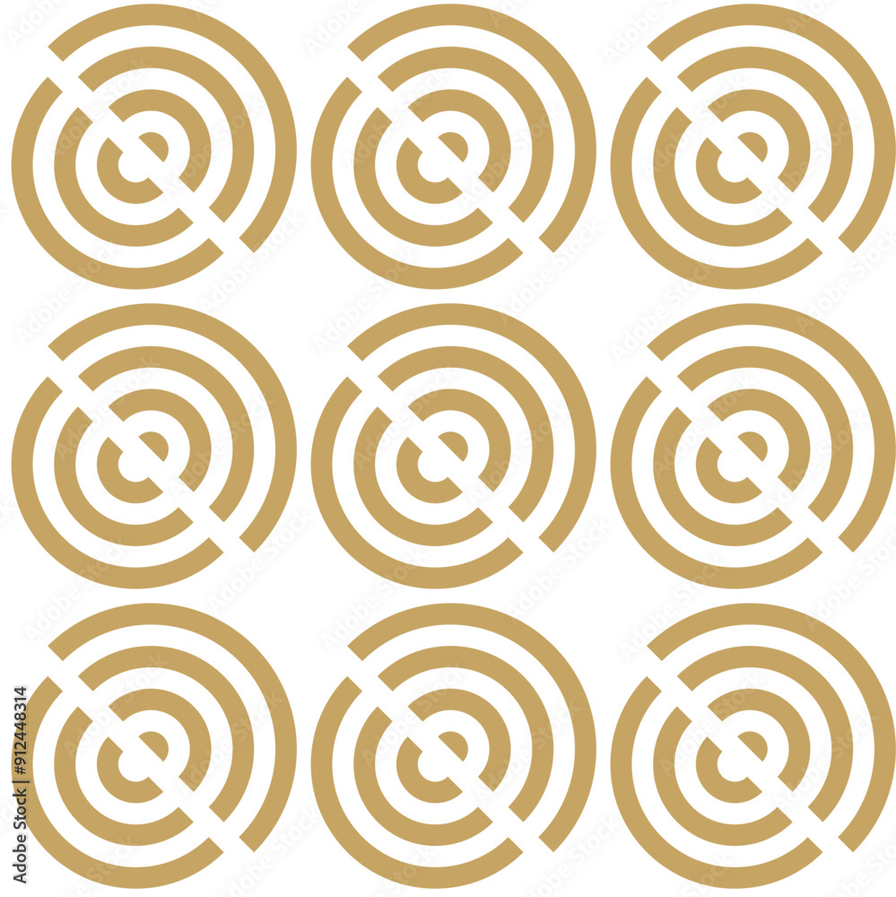 Abstract geometric pattern with circles, stripes, lines. Seamless vector background. White and gold ornament. Modern reticulated graphic design.