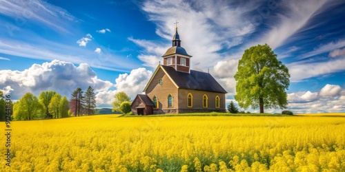 Rustic Bankeryd Church stands majestically amidst vibrant yellow canola fields on a sunny day in rural Sweden's picturesque landscape. photo