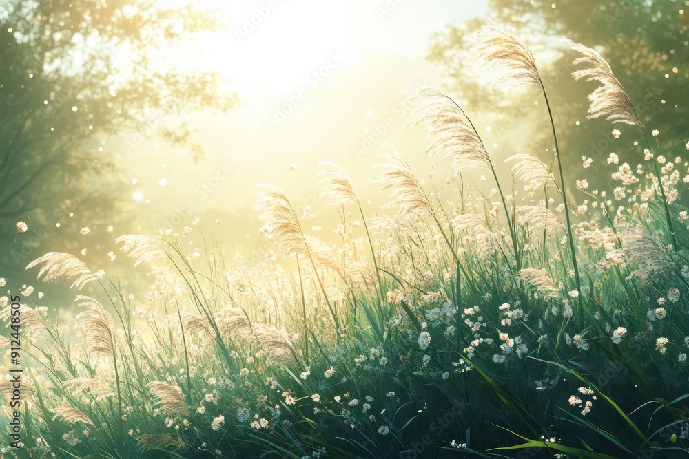 lush summer meadow illustration with tall grass swaying in the breeze soft painterly style with warm sunlight filtering through creating a dreamy atmosphere lush summer meadow illustration with tall grass swaying in the breeze soft painterly style with warm sunlight filtering through creating a dreamy atmosphere