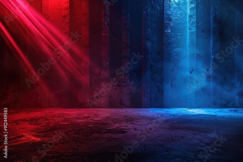 A dark background with neon red and blue stripes of light illuminating the scene, creating an eerie atmosphere. 