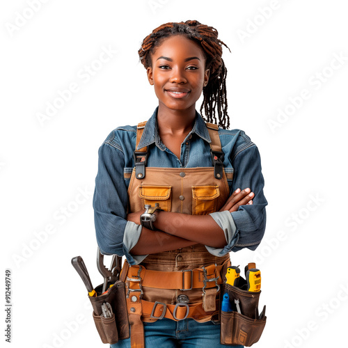 African American woman carpenter isolated on white or transparent background. Woman carpenter with tools for work close-up.