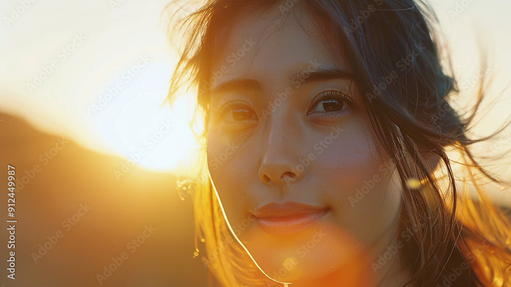 Backlit portrait of calm kind face of a young asian woman against the backdrop of low mountains and sunlight. Generated by artificial intelligence Backlit portrait of calm kind face of a young asian woman against the backdrop of low mountains and sunlight. Generated by artificial intelligence
