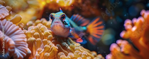 Colorful blenny fish peeking from coral, 4K hyperrealistic photo photo