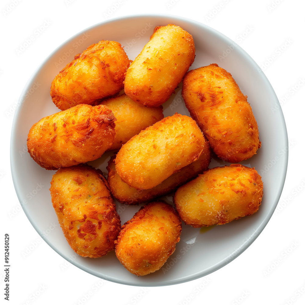 Croquettes isolated on white or transparent background. Spanish croquettes with meat and mushrooms in a white plate. Traditional Spanish dish. Top view. Croquettes isolated on white or transparent background. Spanish croquettes with meat and mushrooms in a white plate. Traditional Spanish dish. Top view.