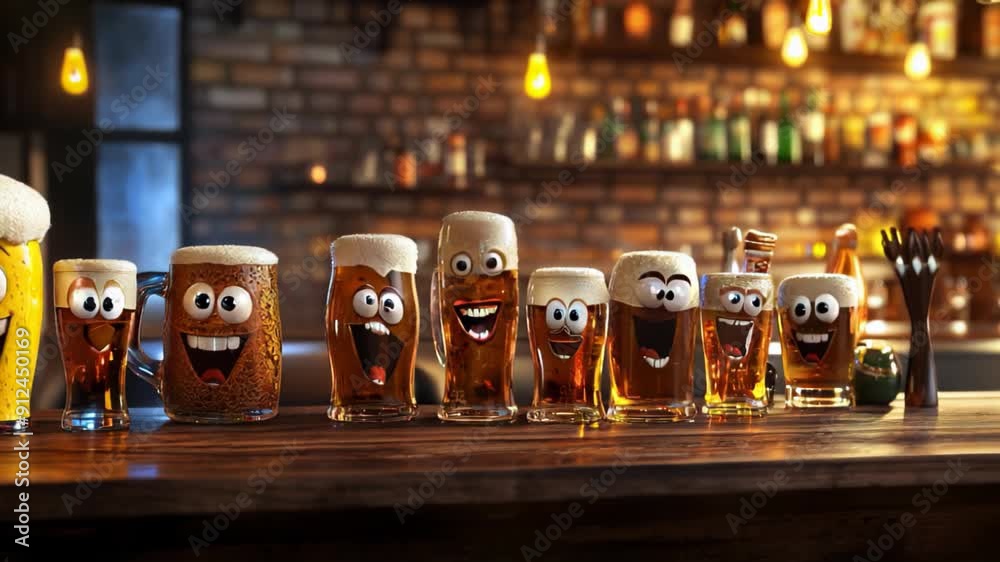 Eight beer glasses with happy cartoon faces and expressions standing on a wooden bar counter in a pub setting