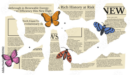 Set of old torn piece newspaper page with butterfly. Torn paper of different in trendy collage style. Elements for scrapbooking.