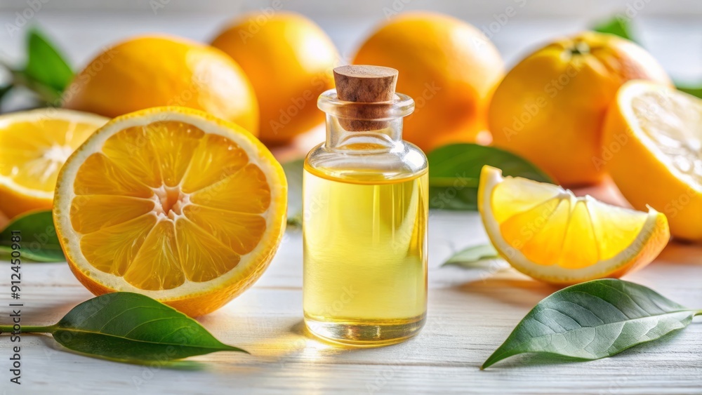 Golden citrus essential oil fills a clear glass bottle on a pristine white background, promoting relaxation and natural wellness.