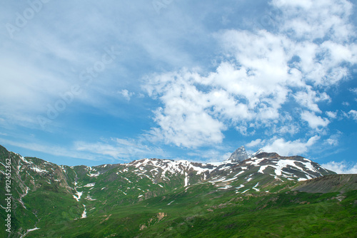 Magnificent mountains to trek in Mestia. Blooming mountain views in snowy weather in Mestia Georgia. Magnificent Mestia mountain views. Koruldi Lake trekking route.