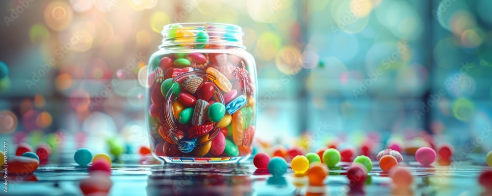 Glass jar filled with candy, 4K hyperrealistic photo Glass jar filled with candy, 4K hyperrealistic photo