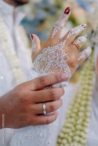 The bride and groom show off their wedding rings, taken using macro photography techniques photo