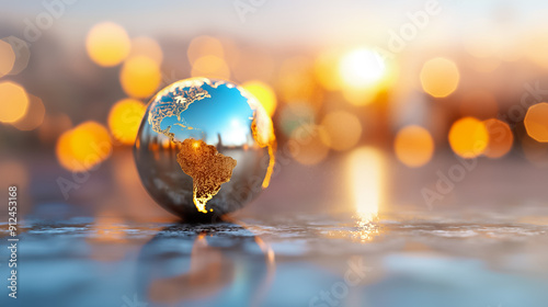 Beautiful Glass Globe Reflecting the Sunset and Nature all Around with a Lovely Bokeh Background Adding to the Scenes Charm