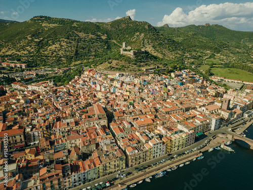 Aerial view of Bosa, a small colourful town near Oristano, Sardinia island, Italy