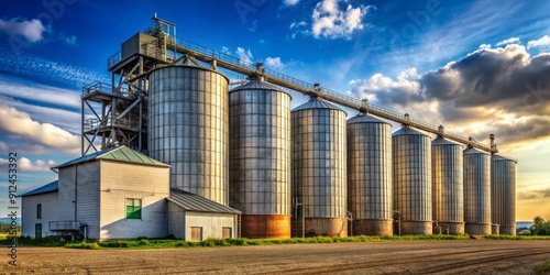 Rustic silos and granary elevator stand tall within vast agro-industrial complex for efficient grain storage and processing operations.