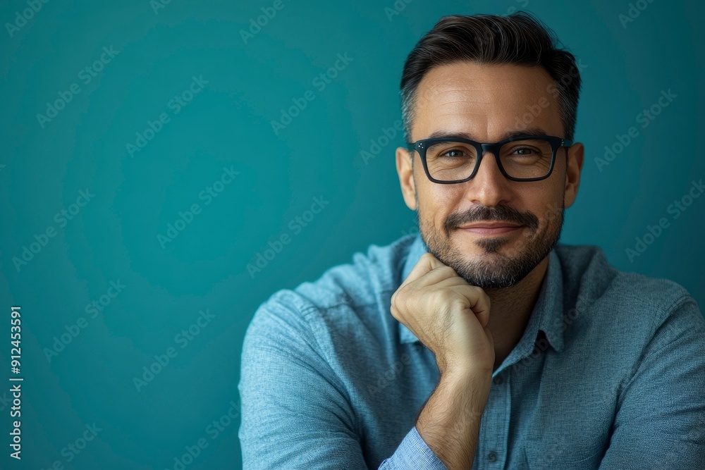 Thoughtful businessman looking at camera, smiling, one color background with generative ai Thoughtful businessman looking at camera, smiling, one color background with generative ai