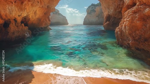 Photograph of the stunning Algarve beach, with its turquoise waters and golden sand, leading to an underground cave system that is visible through a natural archway. vidio 4k
