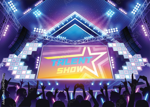 Music stage. Dance floor. talent show performance begin with lighting and amplifier. Led screen concert illuminated by spotlights
