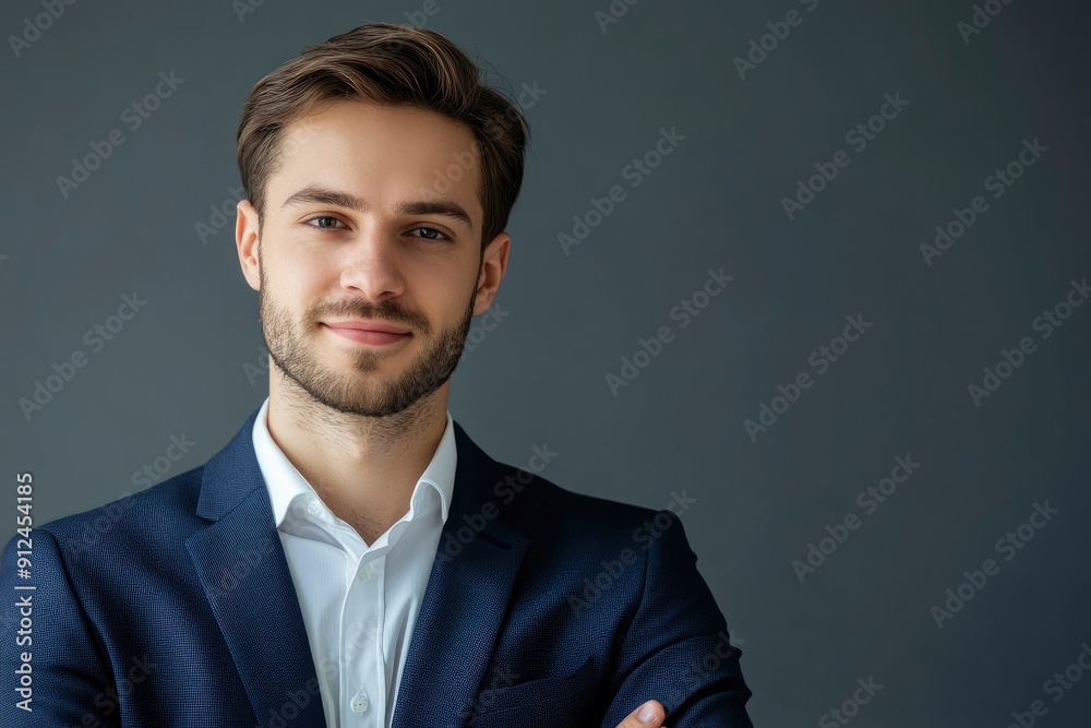 Thoughtful businessman looking at camera, smiling, one color background with generative ai