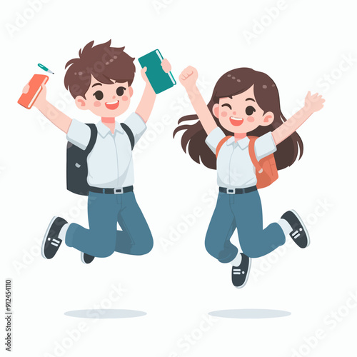 Children jumping, happy cute little cartoon kids. Excited children having fun together vector illustration