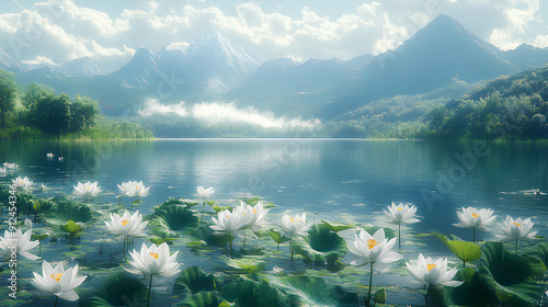 lake view with lotus flowers photo