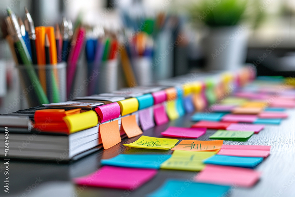 Professionals collaborating on a marketing plan, brainstorming with vibrant sticky notes Professionals collaborating on a marketing plan, brainstorming with vibrant sticky notes