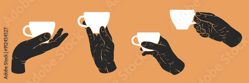 Hand holding cup of coffee. Set hand drawn silhouettes human palms. Flat vector illustration.