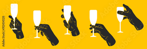 Hand holding glasses of drinks. Set hand drawn silhouettes human palms. Flat vector illustration.