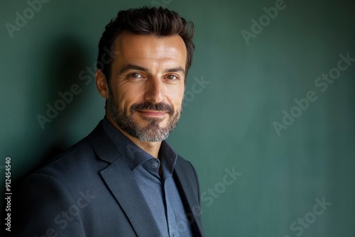 Thoughtful businessman looking at camera, smiling, one color background with generative ai