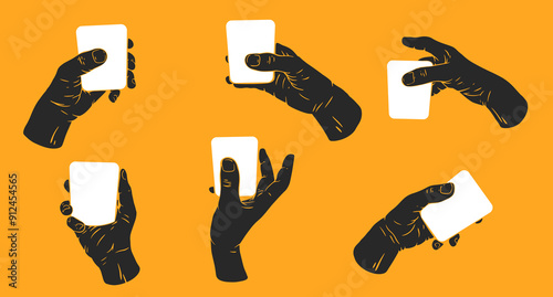 Hand holding glass for water or cocktail. Set hand drawn silhouettes human arms. Flat vector illustration.