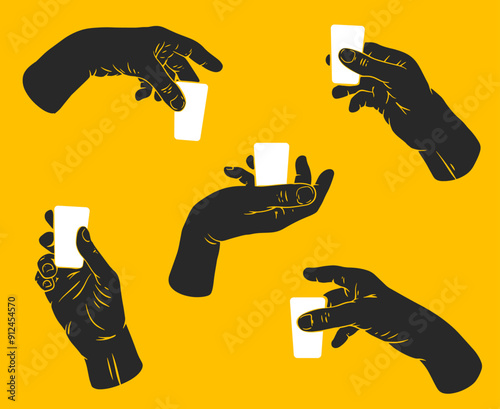 Hand holding shot of alcohol. Set hand drawn silhouettes human arms. Flat vector illustration.