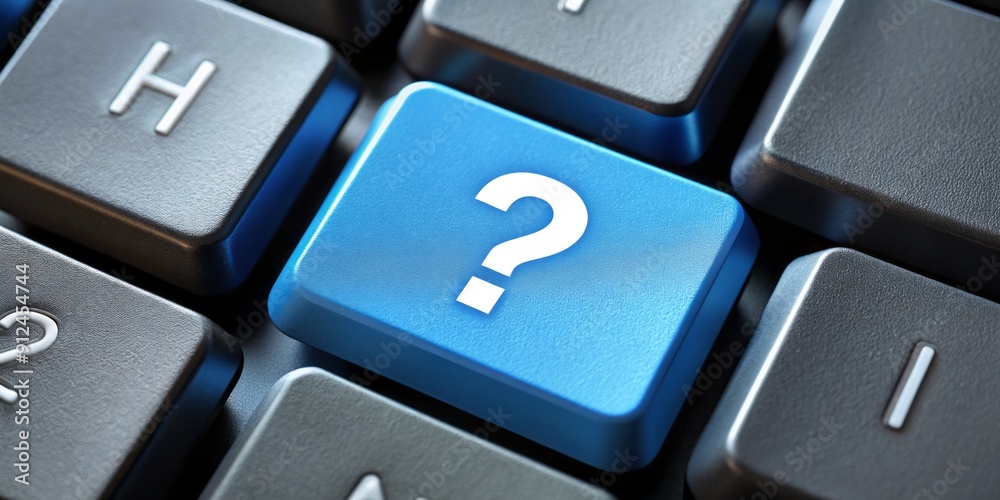 Keys of keyboard with bright blue question mark button, standing out on a blurred concept background of choices and decisions. Keys of keyboard with bright blue question mark button, standing out on a blurred concept background of choices and decisions.