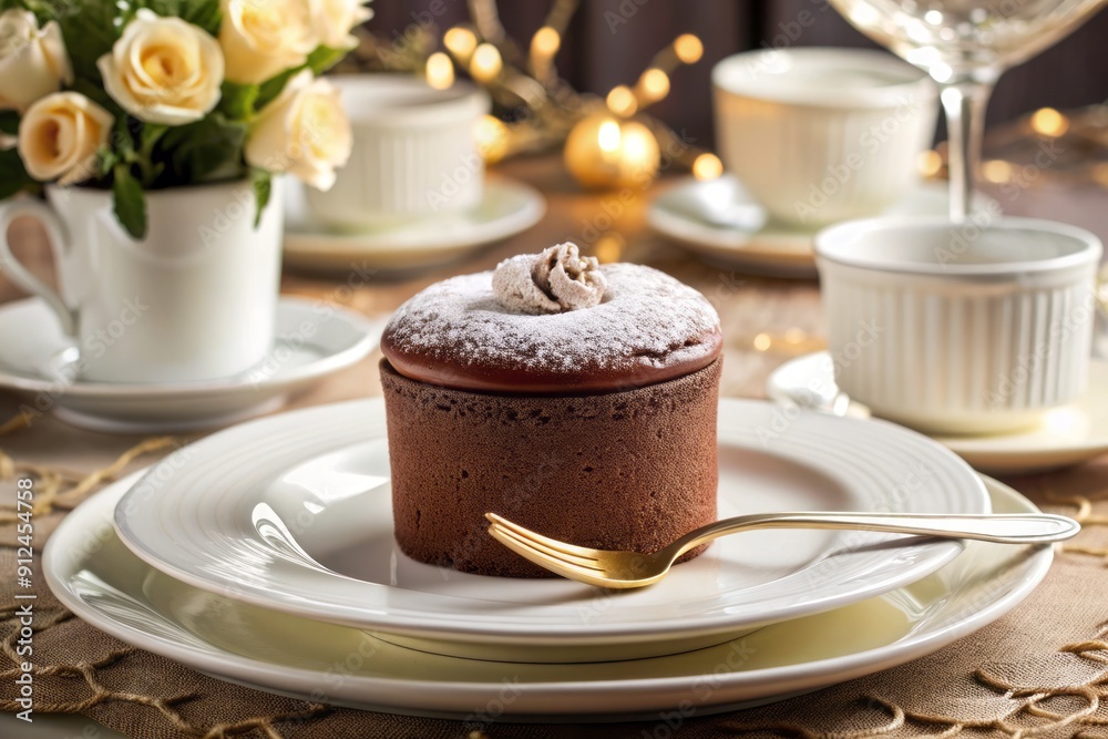 Rich, decadent chocolate souffle rises majestically from a delicate white plate, surrounded by elegant table settings and fine linens. Rich, decadent chocolate souffle rises majestically from a delicate white plate, surrounded by elegant table settings and fine linens.
