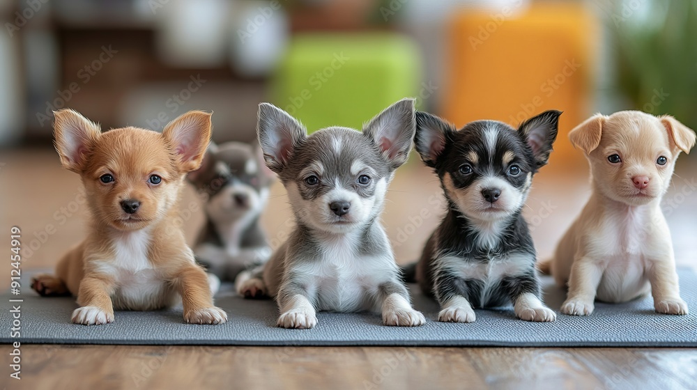 Adorable Puppies Lined Up on a Rug at Home During Daytime Adorable Puppies Lined Up on a Rug at Home During Daytime