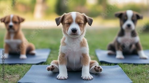 Puppies Practicing Yoga on Mats in a Green Outdoor Setting