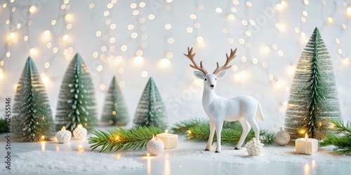 Festive winter holiday greeting card mockup featuring white reindeer, mini evergreen trees, and twinkling fairy lights on a clean white background. photo