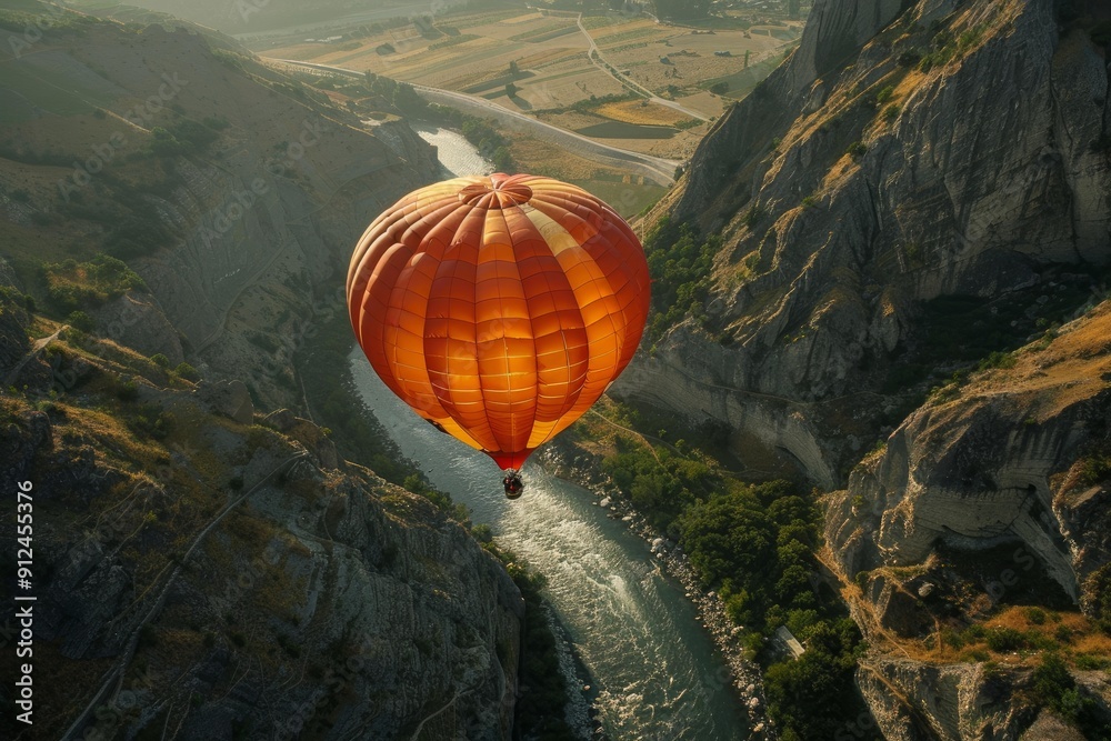 Obraz premium Bright orange hot air balloon floats peacefully above a winding river cutting through a rugged canyon, offering a breathtaking view of the natural beauty below