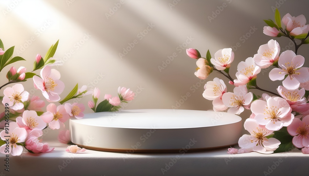 Empty products podium for product presentation and display with springs flowers on white background.