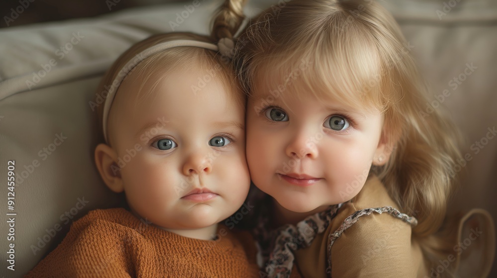 Toddler girl with her baby sister at home Toddler girl with her baby sister at home