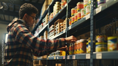 A volunteer checking the expiration dates and quality of donated food items, maintaining standards at a food bank