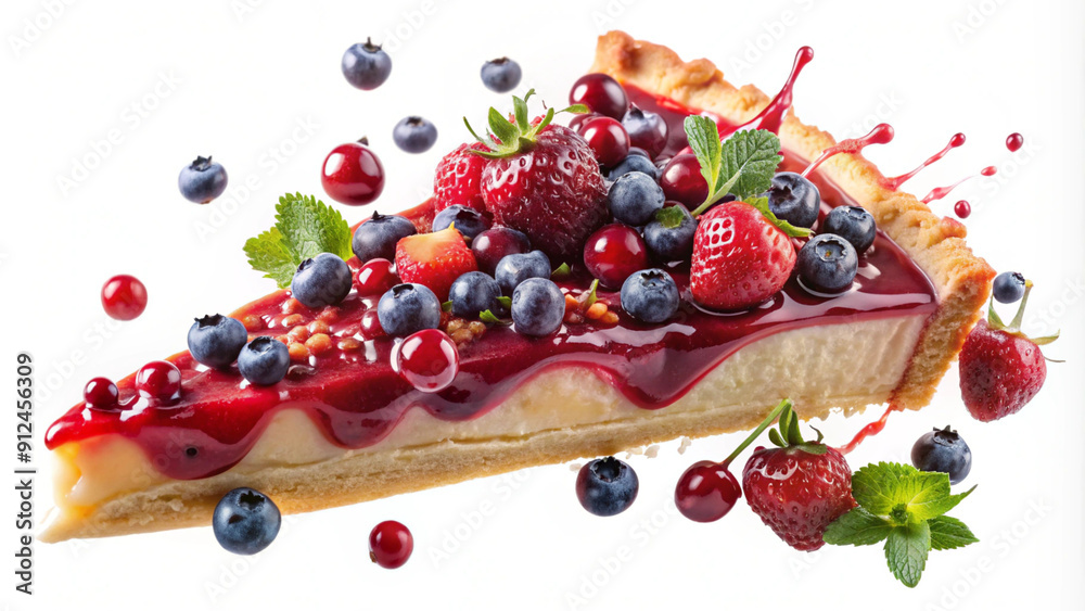 A piece of cake, with berries, caramel, cream, a sense of flight, a splash of jam, on white or transparent background png A piece of cake, with berries, caramel, cream, a sense of flight, a splash of jam, on white or transparent background png