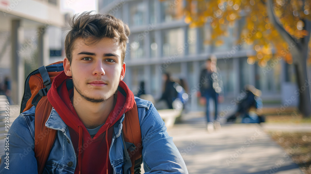 Portrait of a young college student against the backdrop of campus. Portrait of a young college student against the backdrop of campus.