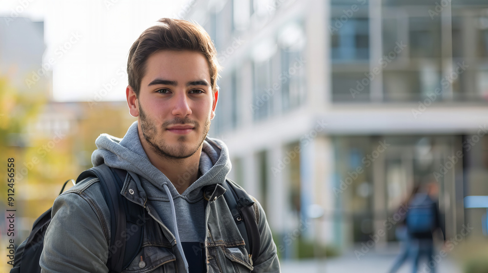 Portrait of a young college student against the backdrop of campus.