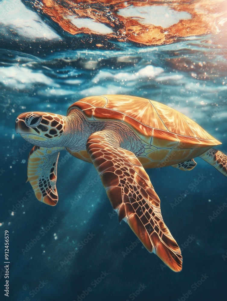 Fototapeta premium A turtle swims beneath the surface of the ocean, basking in the warm sunlight