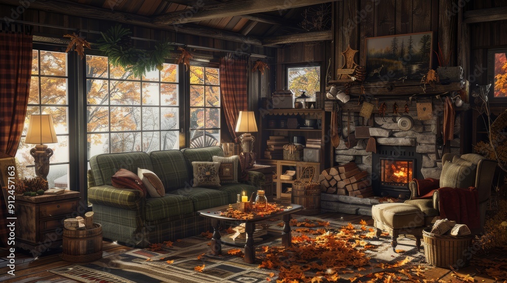 Warm and inviting autumn cabin interior with rustic furniture, fireplace, and fall decor Warm and inviting autumn cabin interior with rustic furniture, fireplace, and fall decor