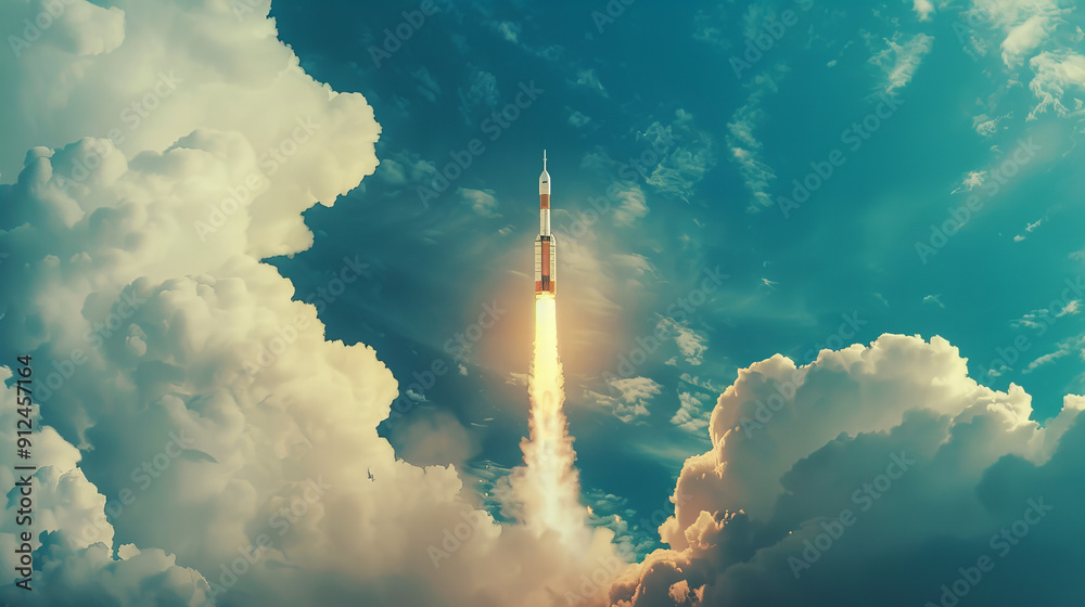 The rocket takes off, leaving a rocket jet energy trail in the sky ...