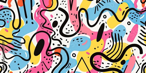 Abstract doodle pattern in pink, blue, yellow.