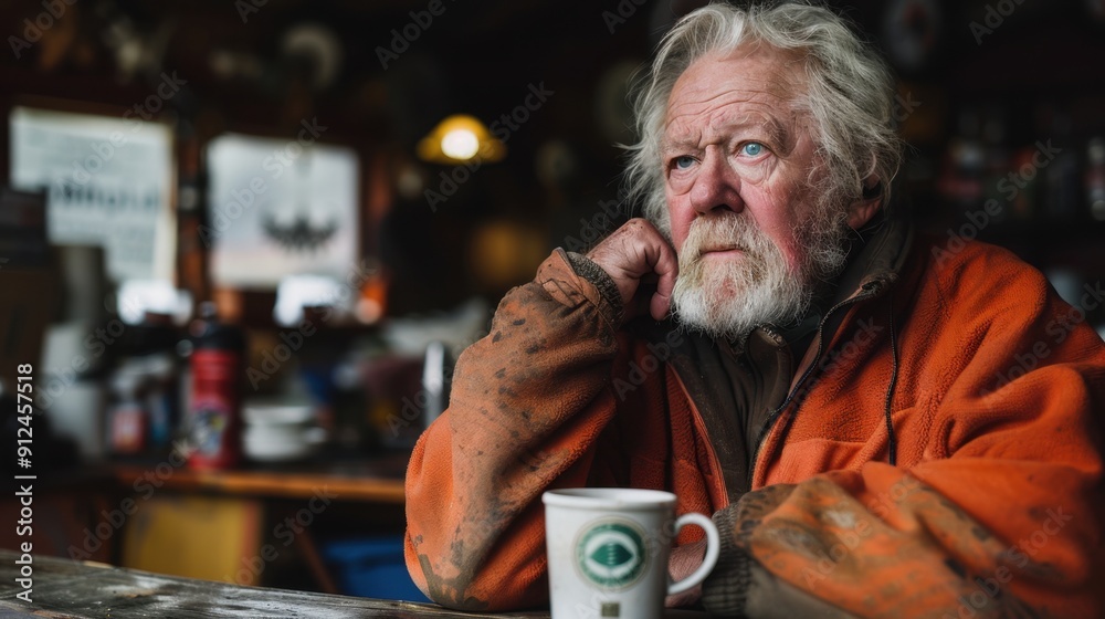Elderly man in rustic cafe, deep in thought, holding a mug. Warm, cozy atmosphere, inspired contemplation. Elderly man in rustic cafe, deep in thought, holding a mug. Warm, cozy atmosphere, inspired contemplation.